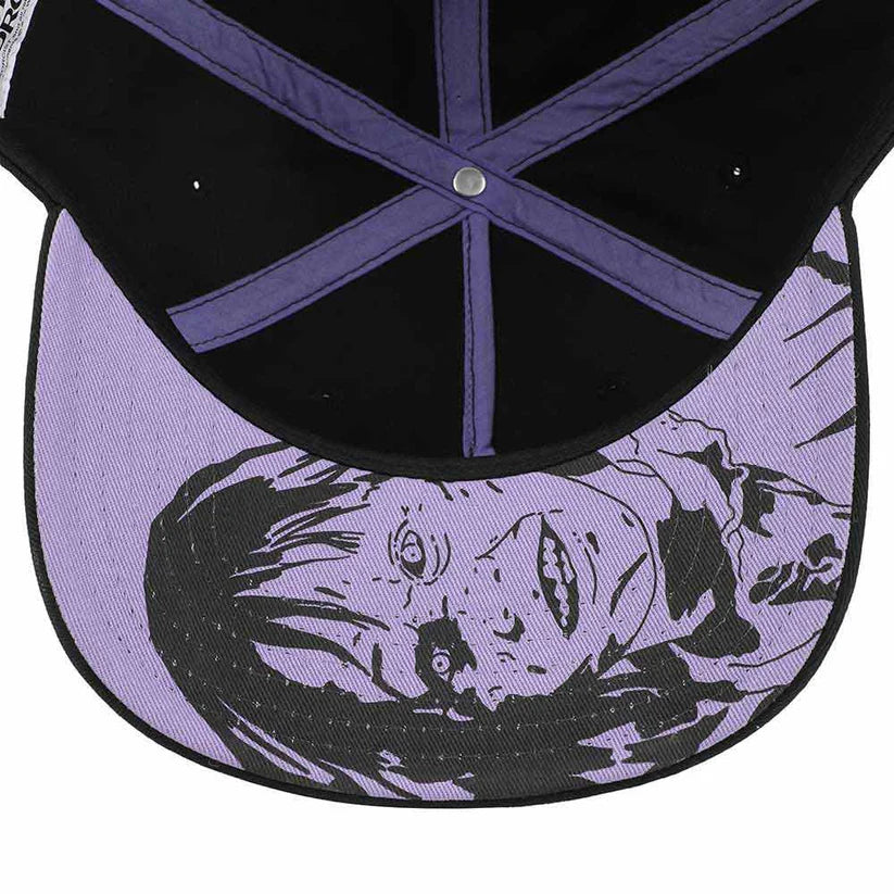 Close-up of a cap with a graphic design on the purple brim