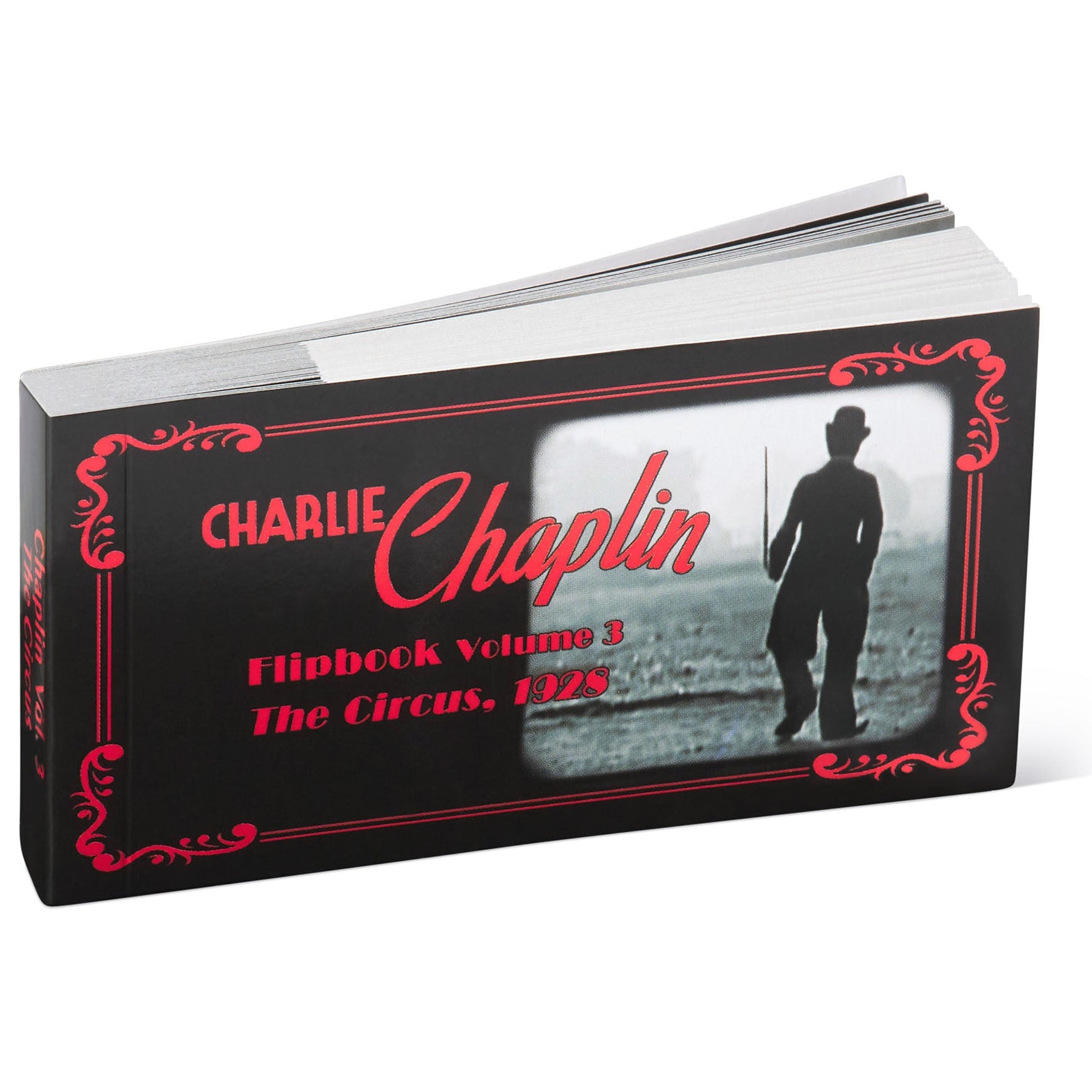 Flipbook Volume 3 by Charlie Chaplin with a silhouette of a person on a white background. Flipbooks at the Academy Museum Store in Los Angeles
