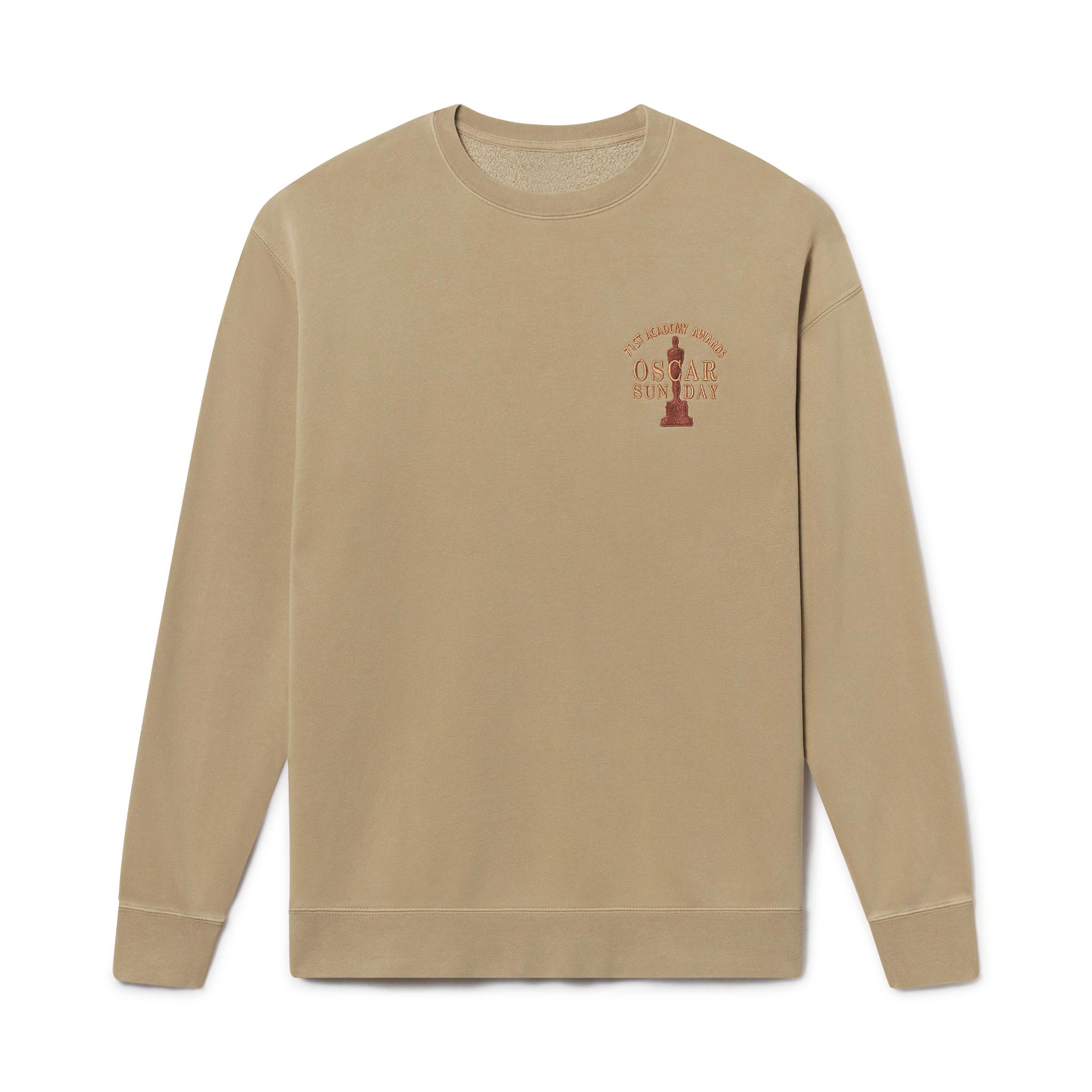 Men's Women's Adult Beige sweatshirt with a Oscar Sunday logo graphic design on a white background