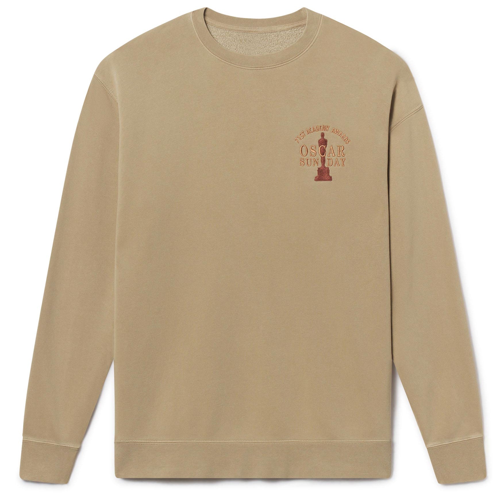 Men's Women's Adult Beige sweatshirt with a Oscar Sunday logo graphic design on a white background