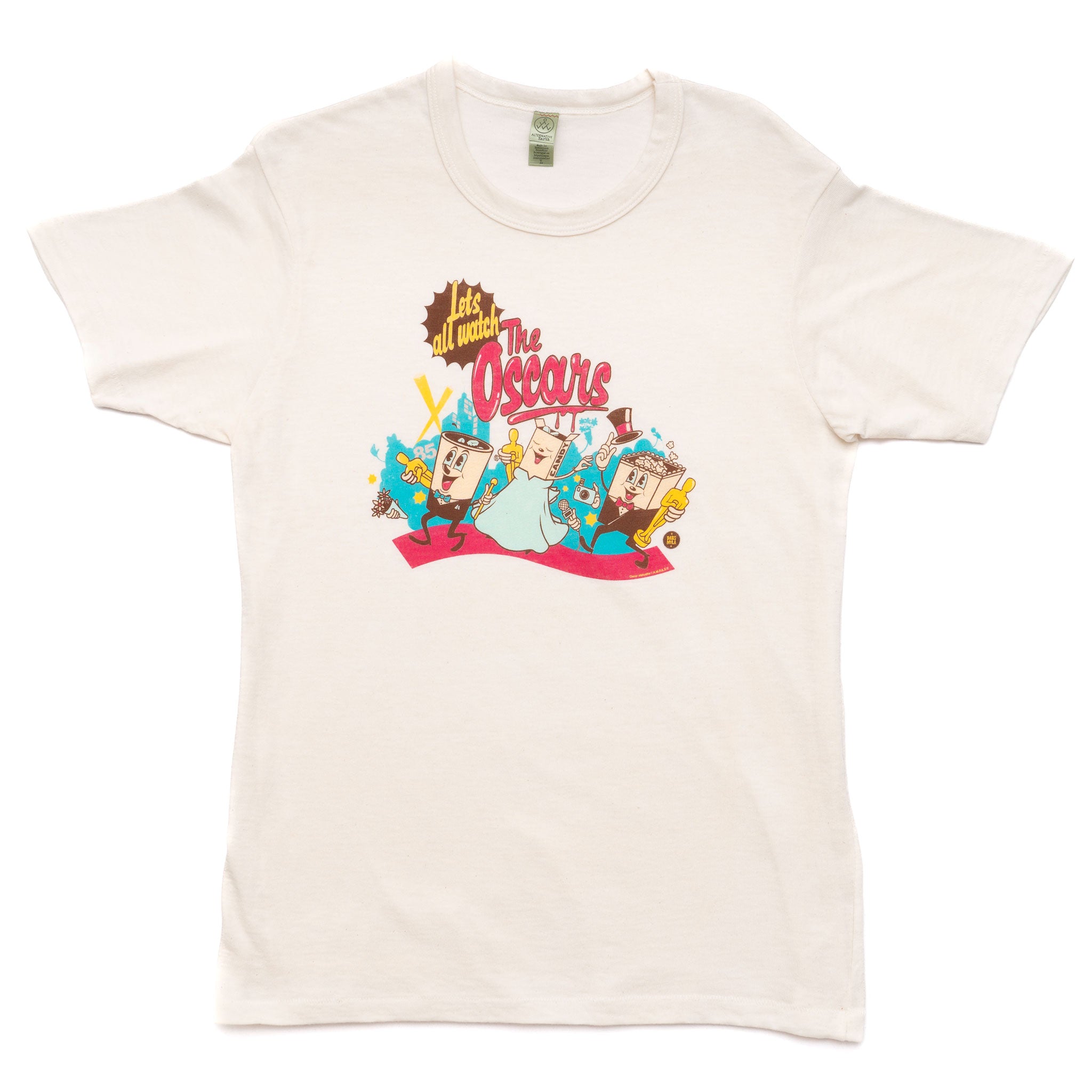 White t-shirt with colorful graphic design on a white background
