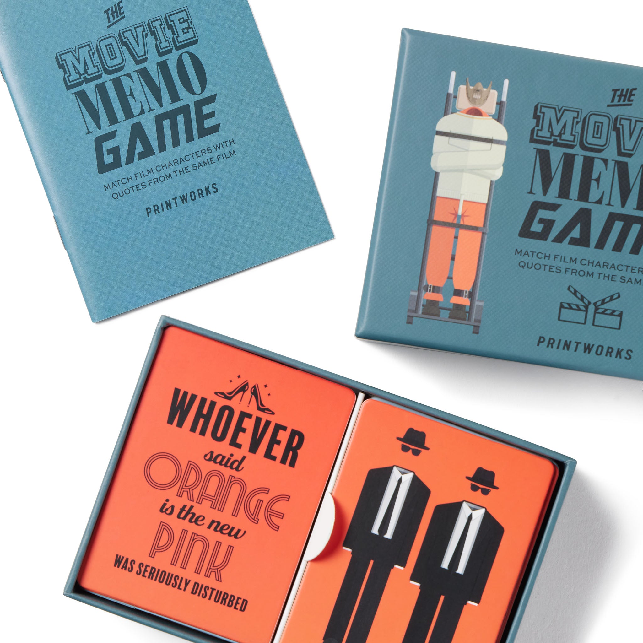 Movie Memo Game packaging with orange cards and blue box on a white background