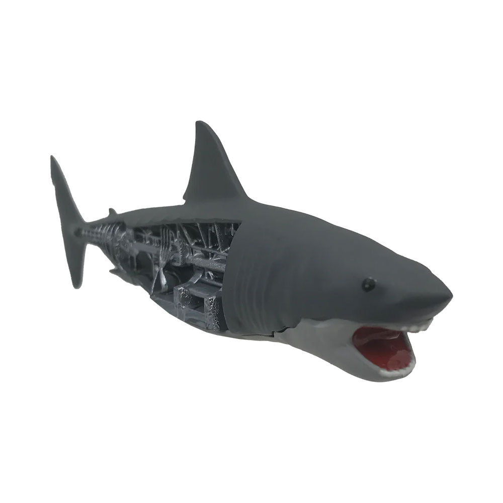 Model of a shark with its skeleton displayed on a white background. Authentic prop replica of the great white shark from the movie JAWS (1975)