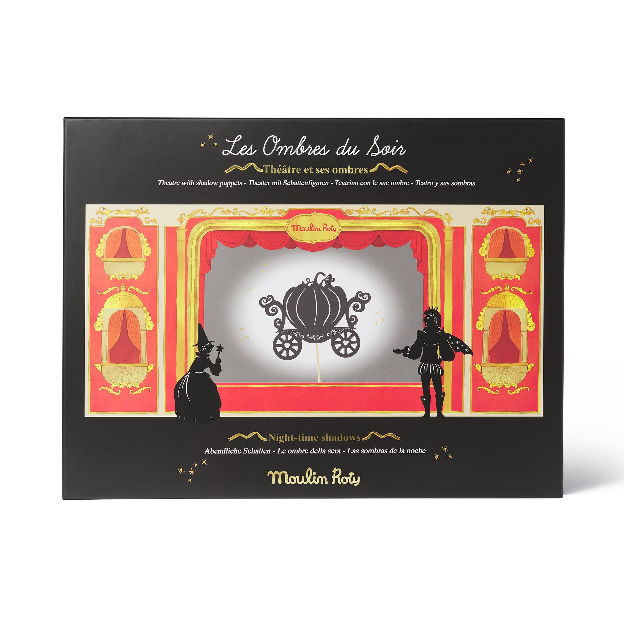 Product packaging for 'Les Ombres du Soir' with a design of a carriage and shadow puppets on a black  Shadow Puppet Theater game film themed toys for kids on white background.