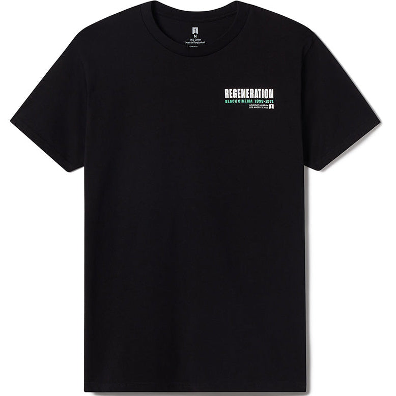 Black t-shirt with white text on a white background