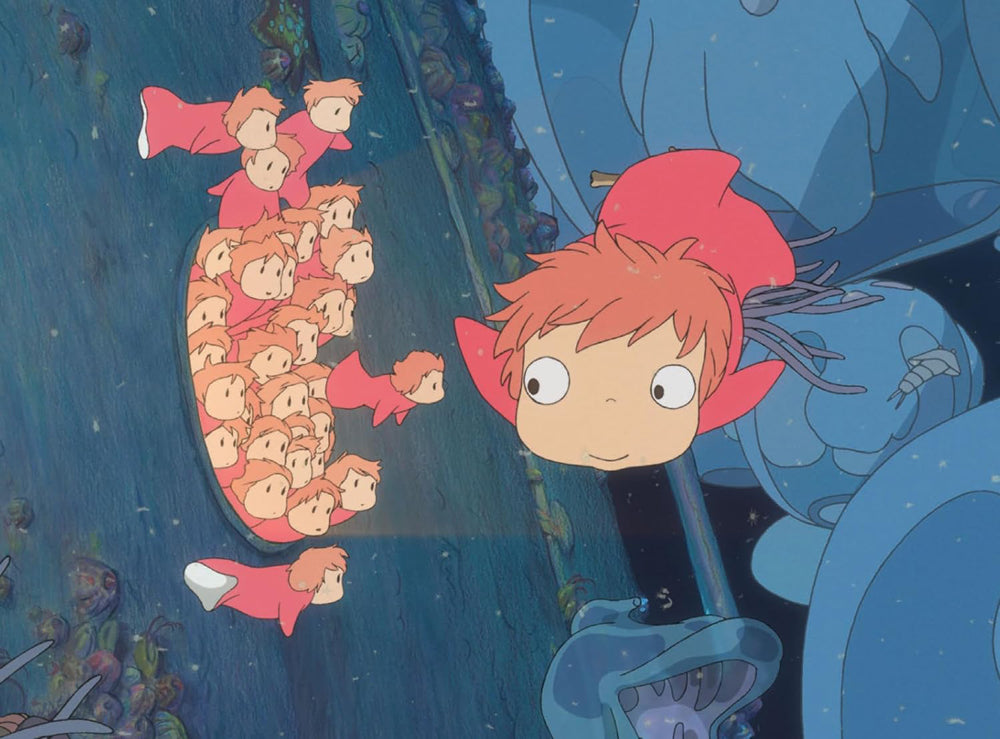 Animated character with red hair and a large blue creature in a dark underwater setting.