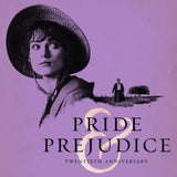 Promotional poster for 'Pride & Prejudice' with Keira Knightly in a hat and a man in the distance on a purple background.