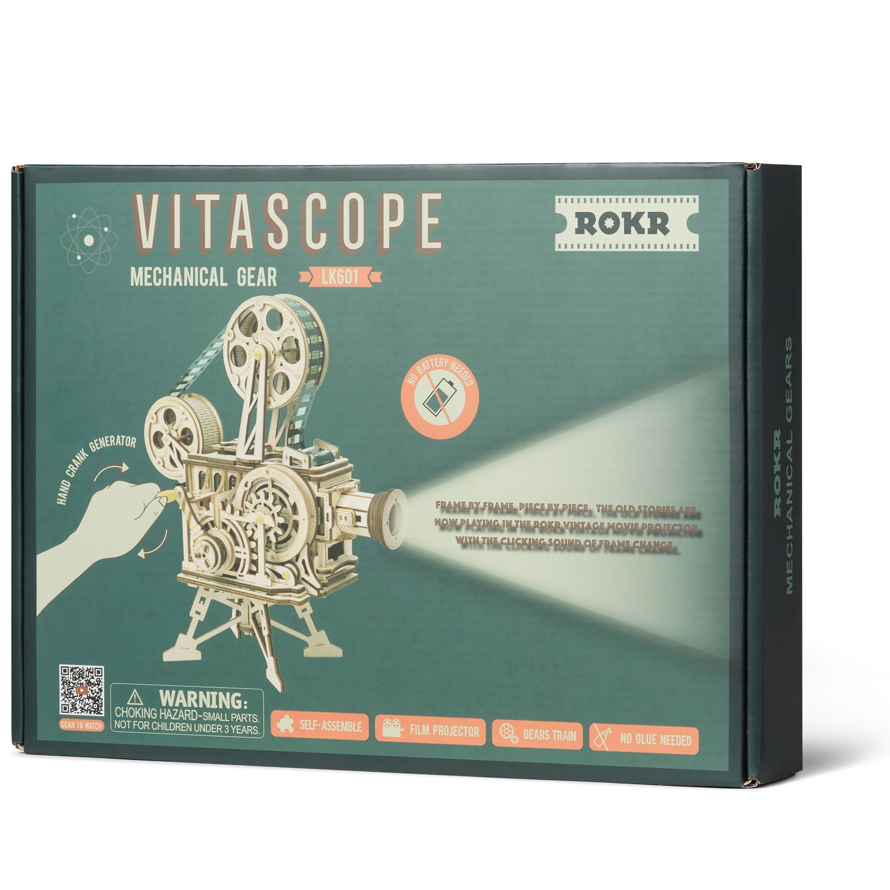 Vitascope mechanical gear model packaging on a white background 3D Puzzle made of wood of a vintage movie projector