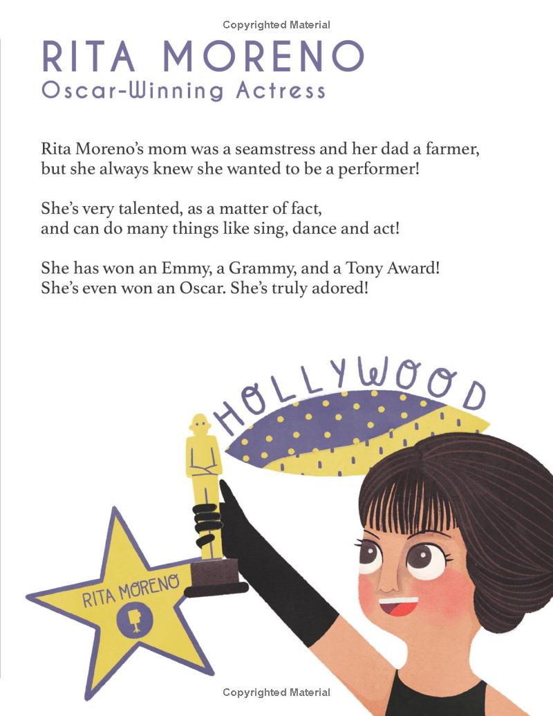 Book cover with illustration of a woman holding a star and Oscar, text about Rita Moreno.