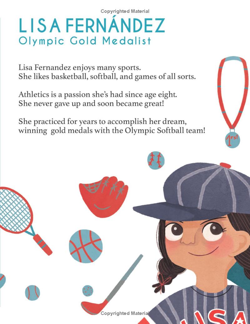 Book cover with a child wearing a cap and USA shirt, surrounded by sports equipment and text about Lisa Fernandez being an Olympic Gold Medalist.