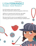 Book cover with a child wearing a cap and USA shirt, surrounded by sports equipment and text about Lisa Fernandez being an Olympic Gold Medalist.