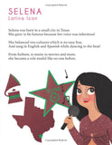 Illustrated book page about Selena with text and graphics.