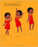 Illustration of three girls in red dresses on an orange background with text about Josephine from St. Louis.
