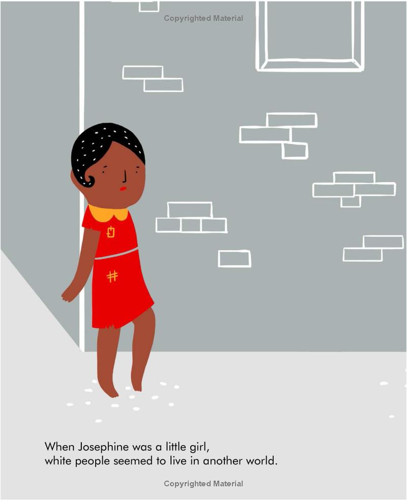 Illustration of a girl in a red dress standing in a room with white geometric shapes on the wall.