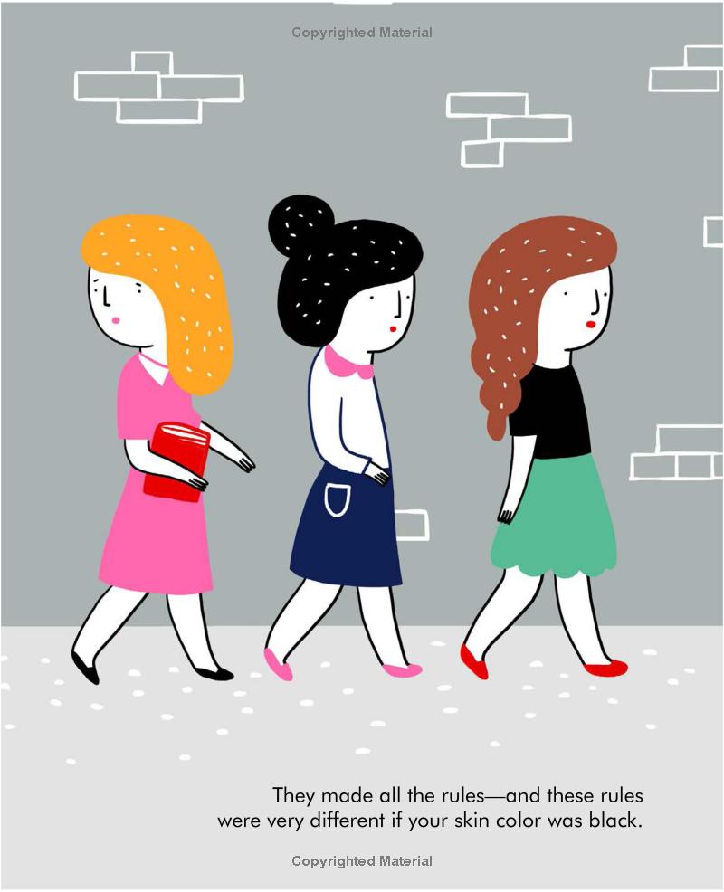 Illustration of three women walking with a text about racial rules on a gray background