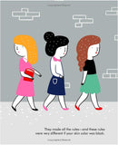 Illustration of three women walking with a text about racial rules on a gray background