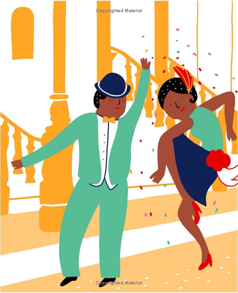 Illustration of a couple dancing in formal attire with confetti on a yellow background