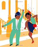 Illustration of a couple dancing in formal attire with confetti on a yellow background