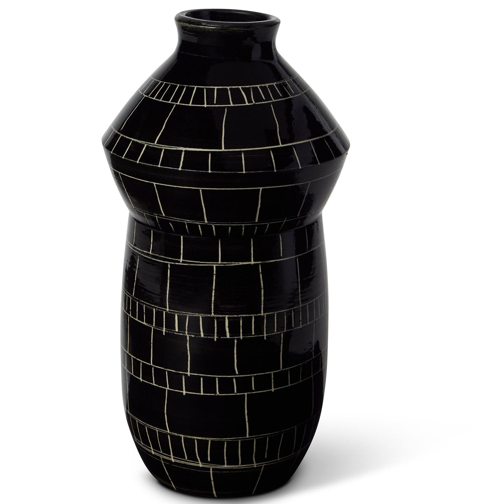 Black mosaic vase on a white background by ceramicist Wayne Perry in Los Angeles