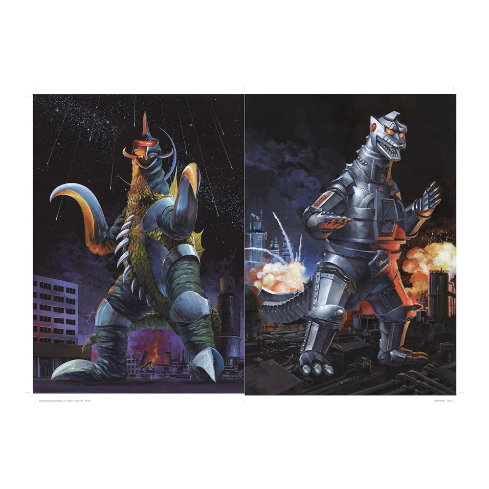 Two illustrations of a dragon-like creature and a robot-like creature in an urban setting.