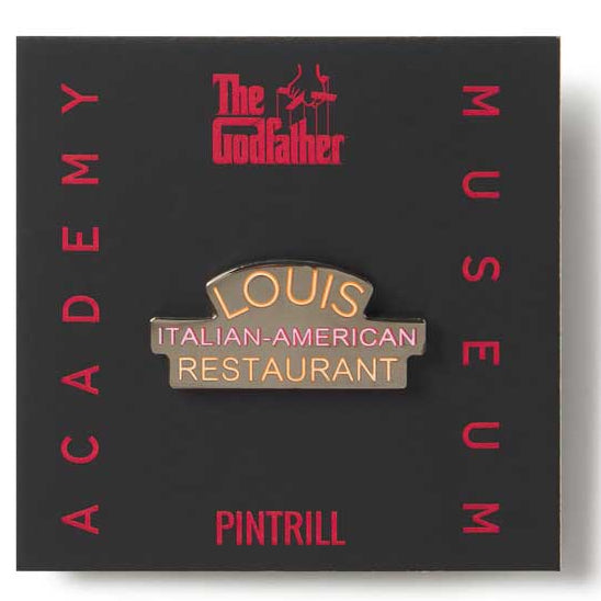 Pin featuring 'Louis Italian-American Restaurant' on a black card with text collector lapel pin for the 50th anniversary of The Godfather movie