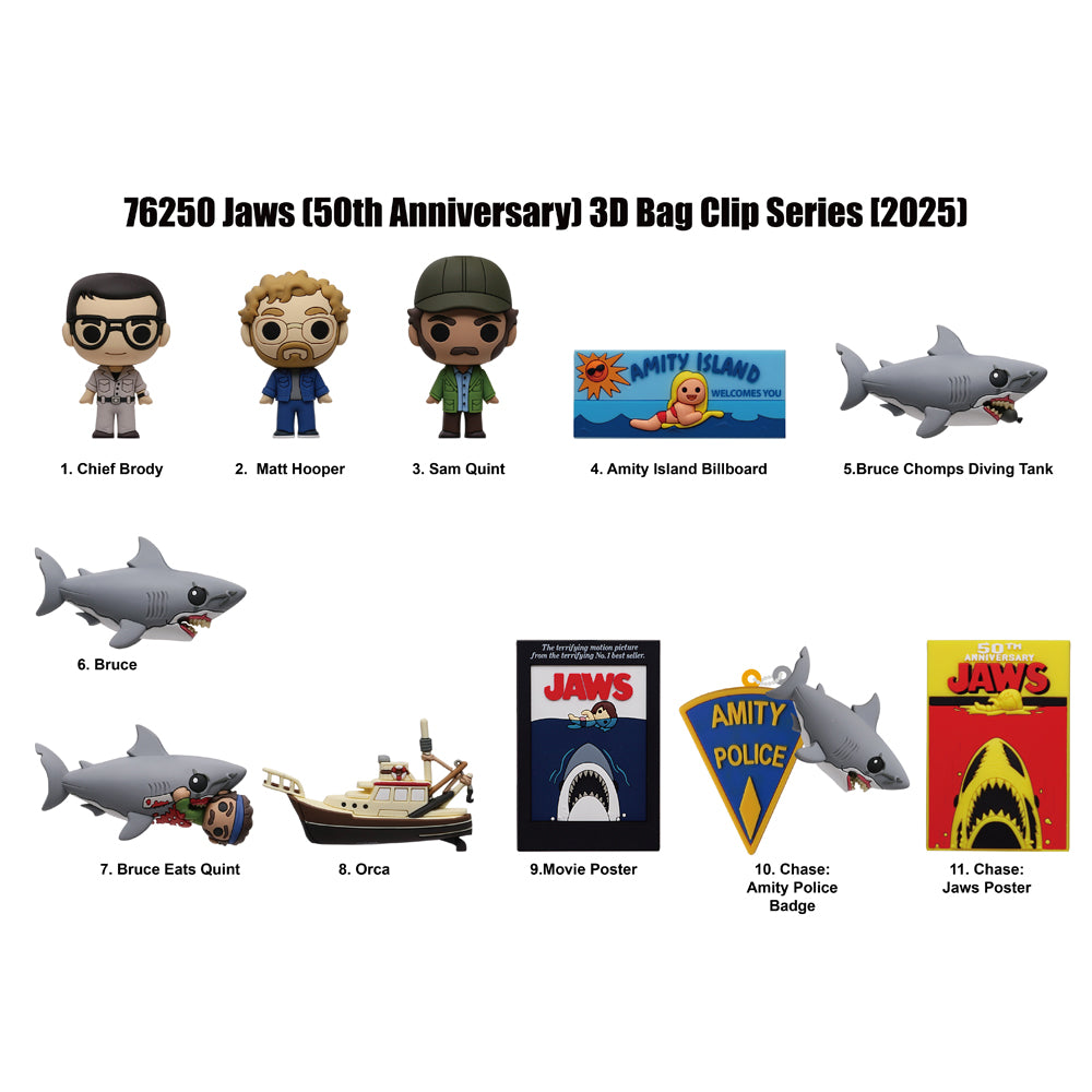 Promotional image of Jaws 50th Anniversary 3D Bag Clip Series with character figures and props on a white background.