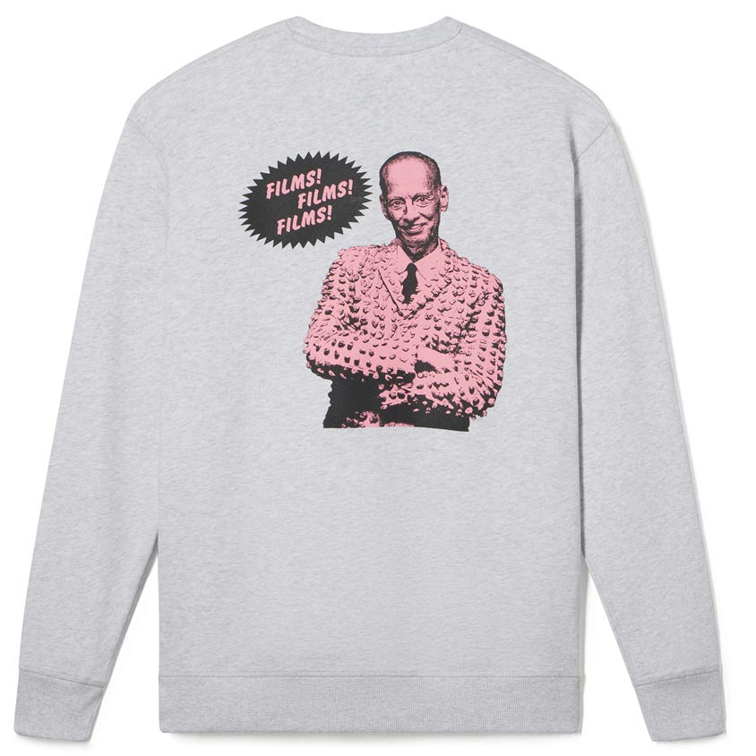 Gray sweatshirt with a graphic of a person in a pink suit and text on the back, on a white background. Adult mens sweatshirt womens sweatshirt featuring John Waters