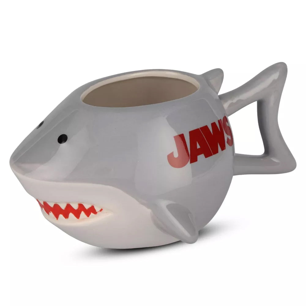 Shark-shaped mug with 'JAWS' text on a white background Jaws Ceramic Mug