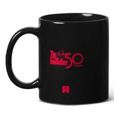 Black mug with red logo on a white background