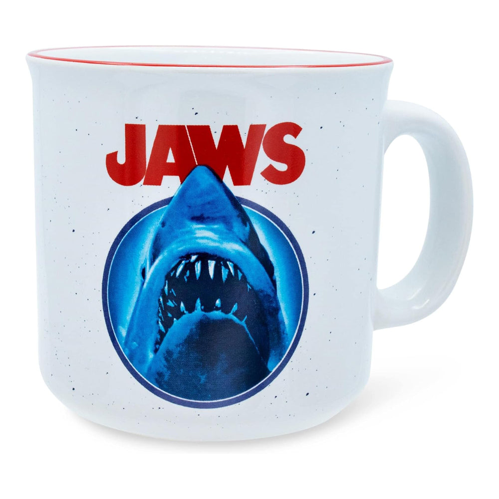 Mug with 'JAWS' logo and shark design on a white background