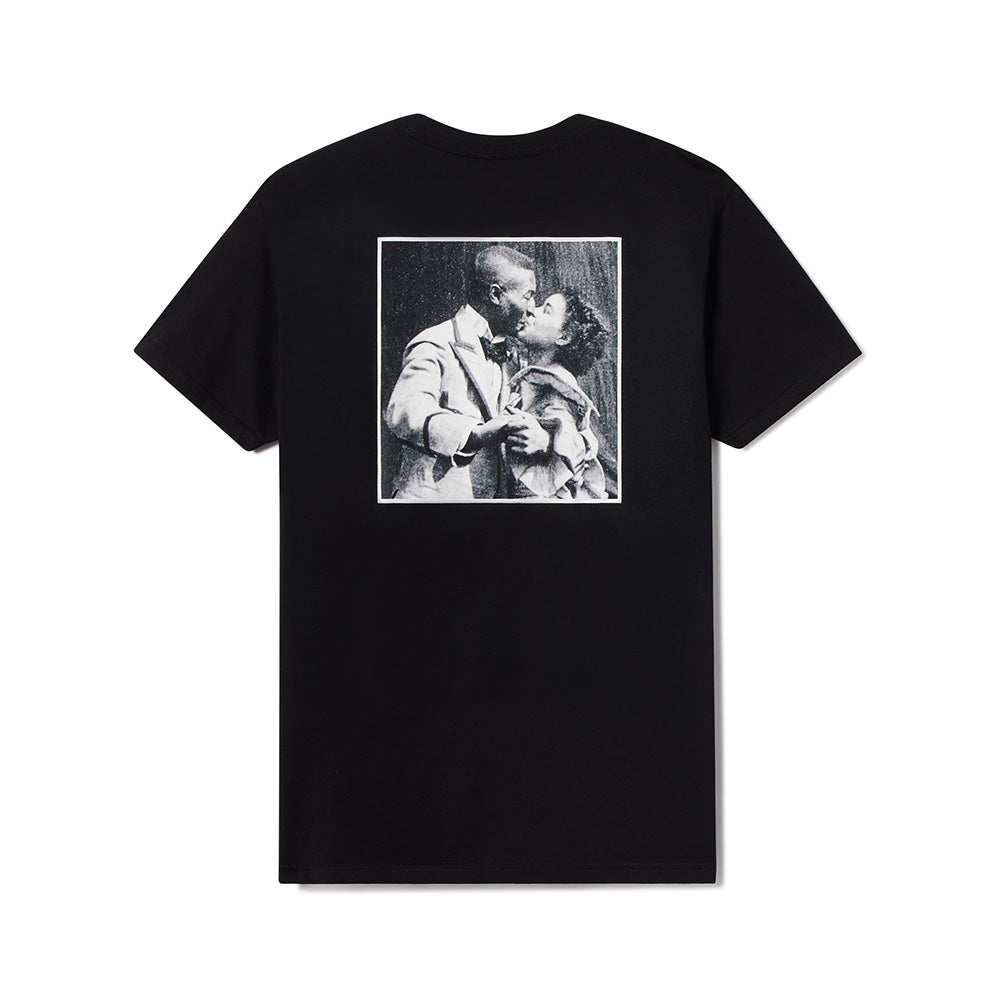 Black t-shirt with a vintage-style graphic of a couple kissing on the back, displayed on a white background.