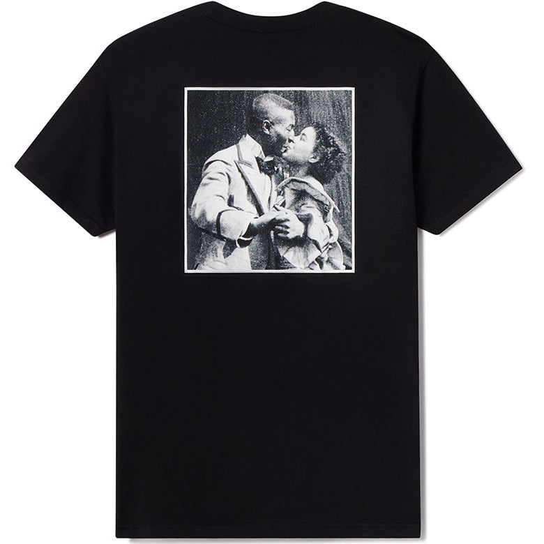 Black t-shirt with a vintage-style graphic of a couple kissing on the back, displayed on a white background.