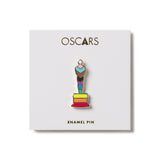 Colorful Oscar statuette enamel pin on a white card with 'Oscars' text