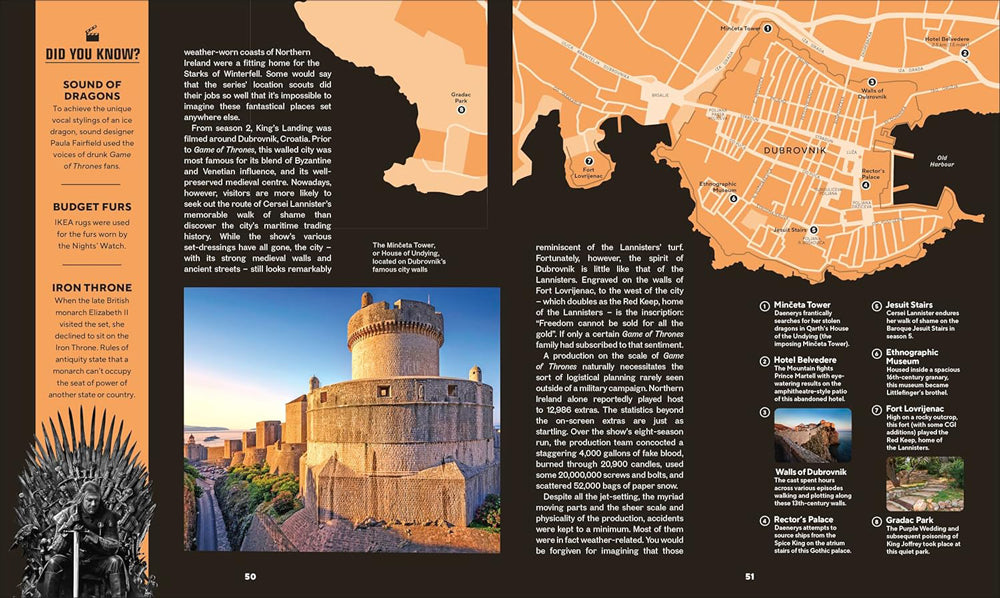 Book page with a map, castle image, and text on a black background
