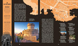 Book page with a map, castle image, and text on a black background