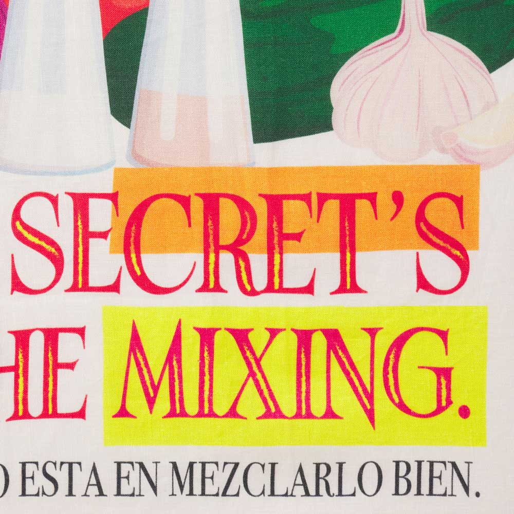 Colorful text overlay with 'SECRET'S HE MIXING' on a background with abstract shapes and a garlic bulb.