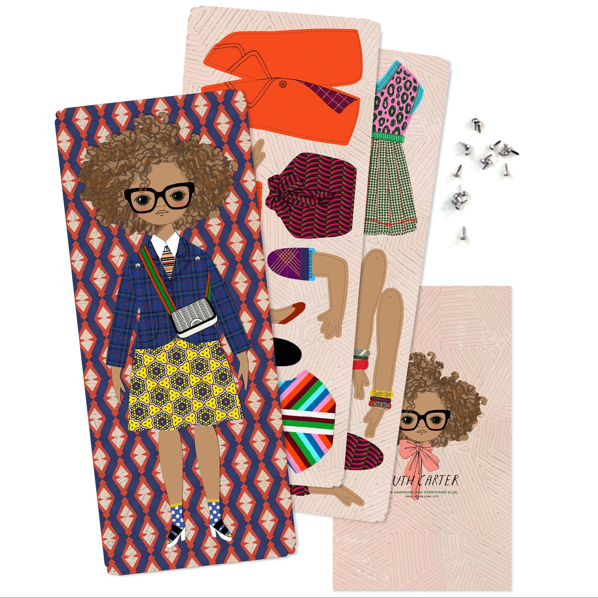 Set of paper dolls with accessories on a white background