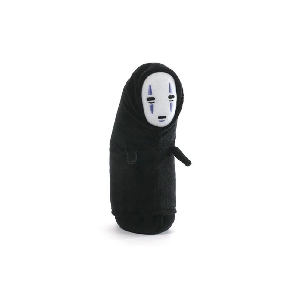 Plush toy of a character with a black robe and white face on a white background. No face plush from Studio Ghibli Spirited Away.
