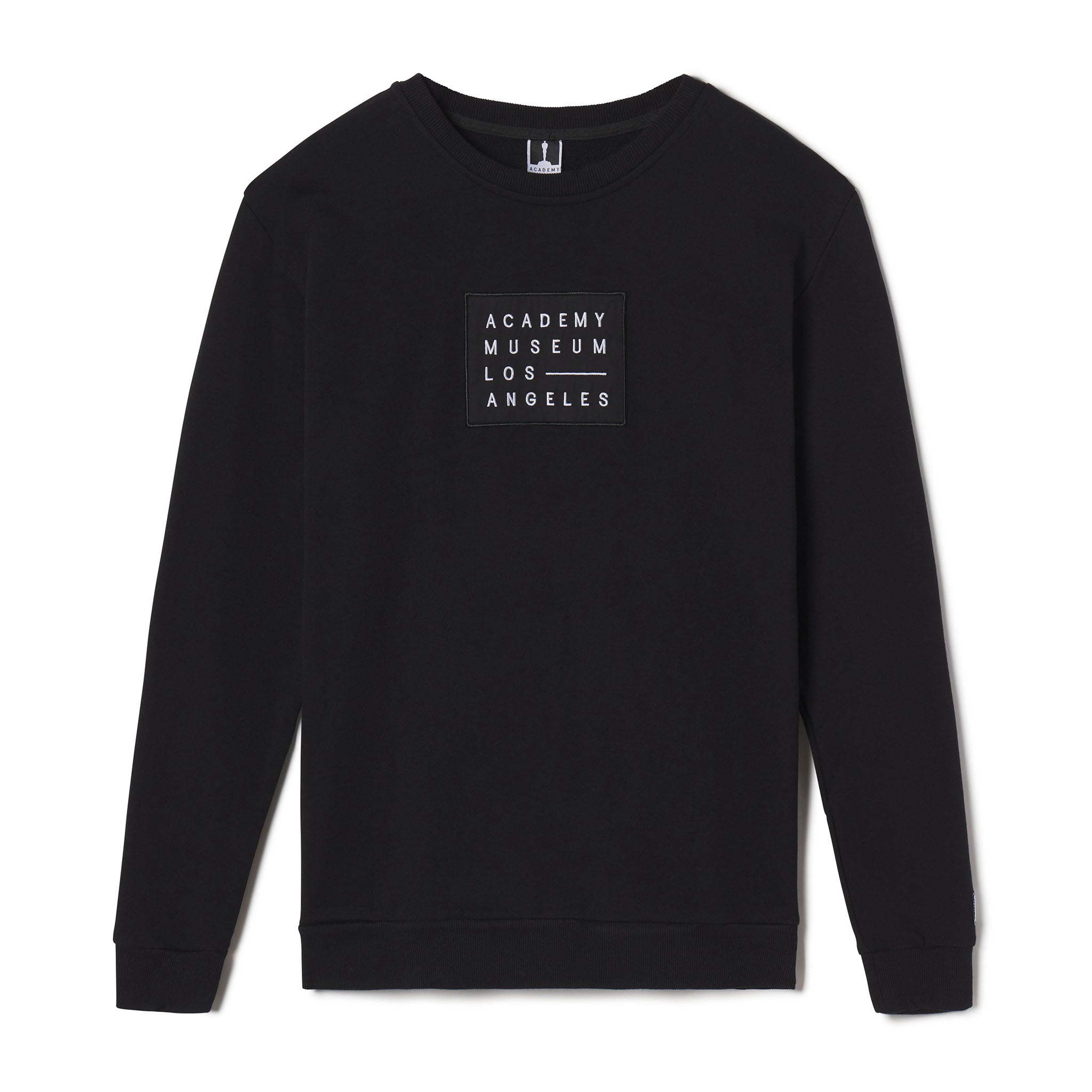 Black sweatshirt with 'Academy Museum Los Angeles' logo on a white background