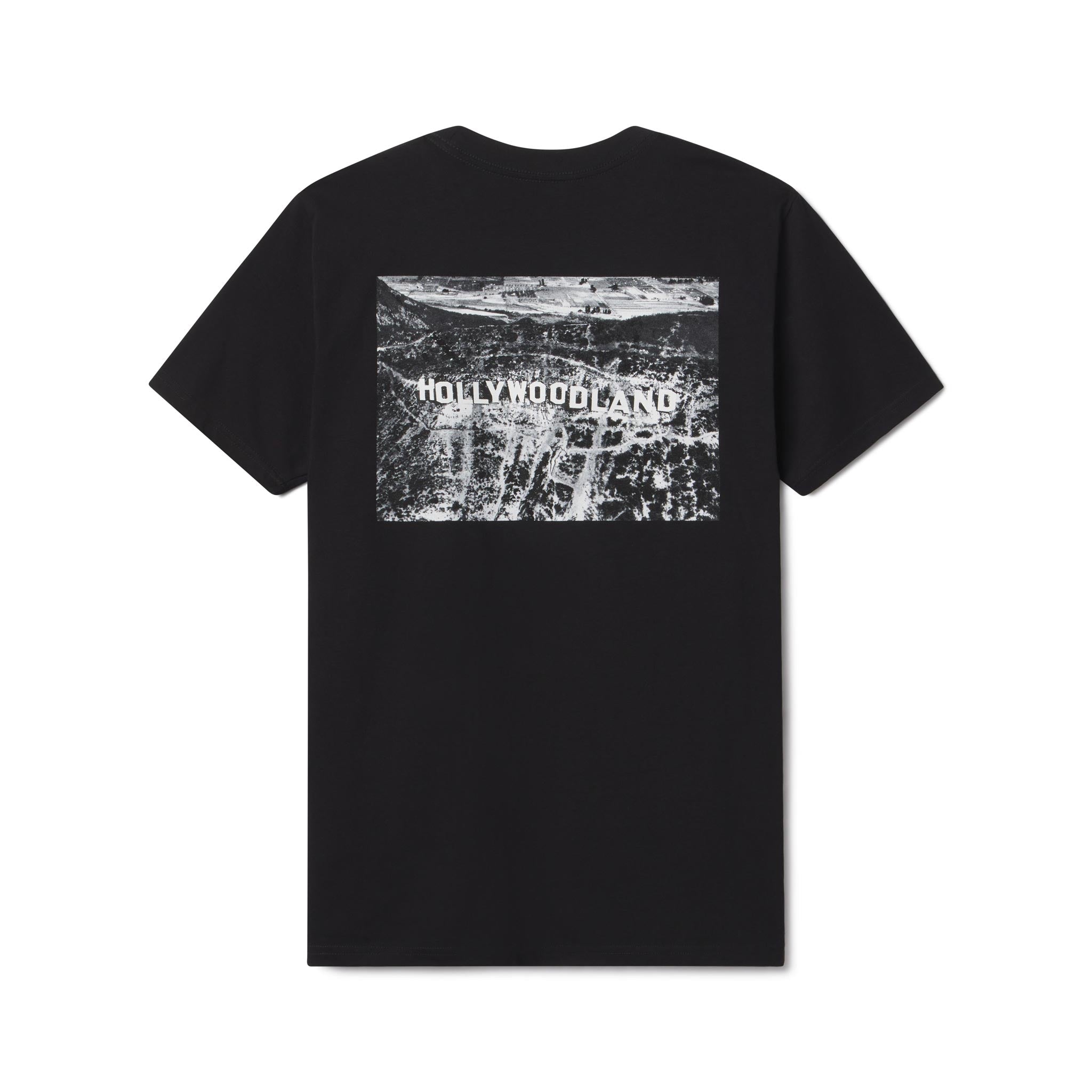 Black t-shirt with 'HOLLYWOODLAND' graphic on the back against a white background Archival image from The Academy Museum in Los Angeles Adult Mens and Womens Tshirt