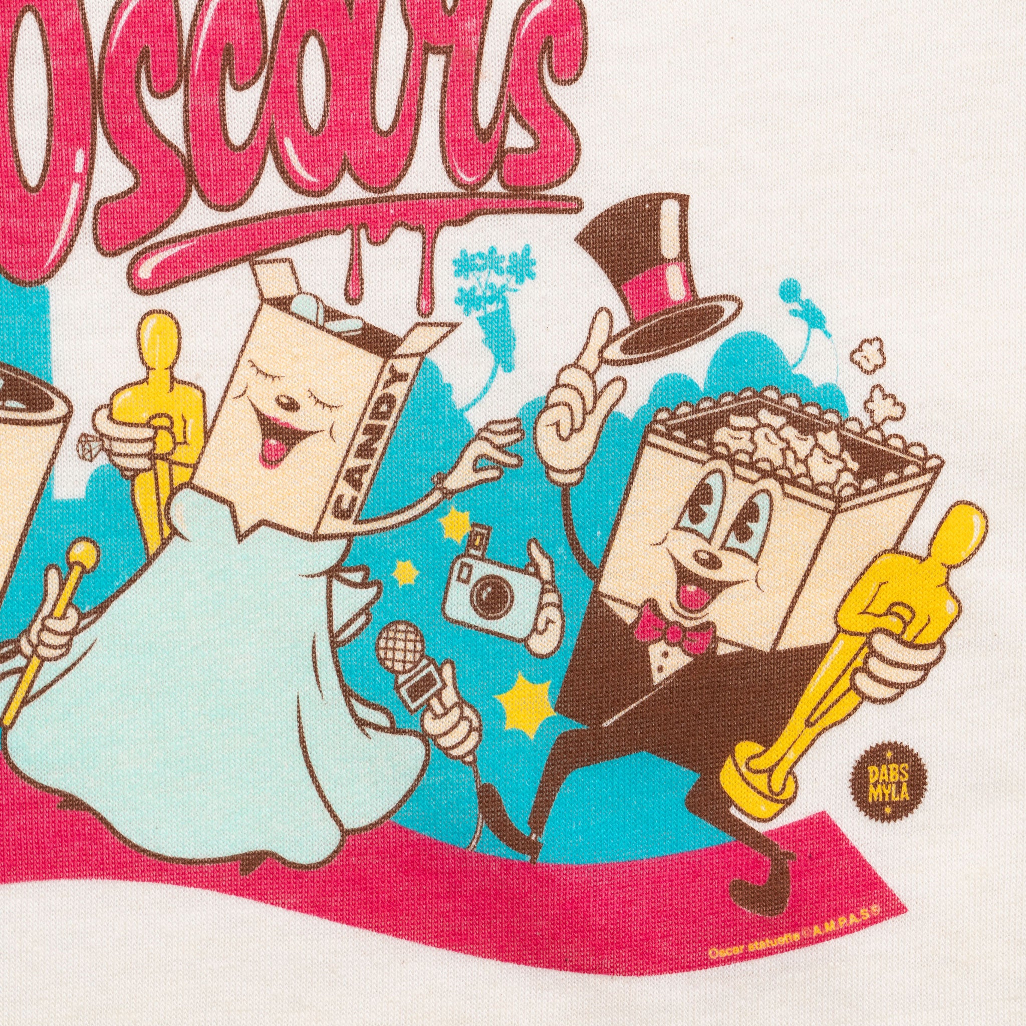 Cartoon characters from 'The Oscars' with candy and Oscar-themed props on a colorful background.