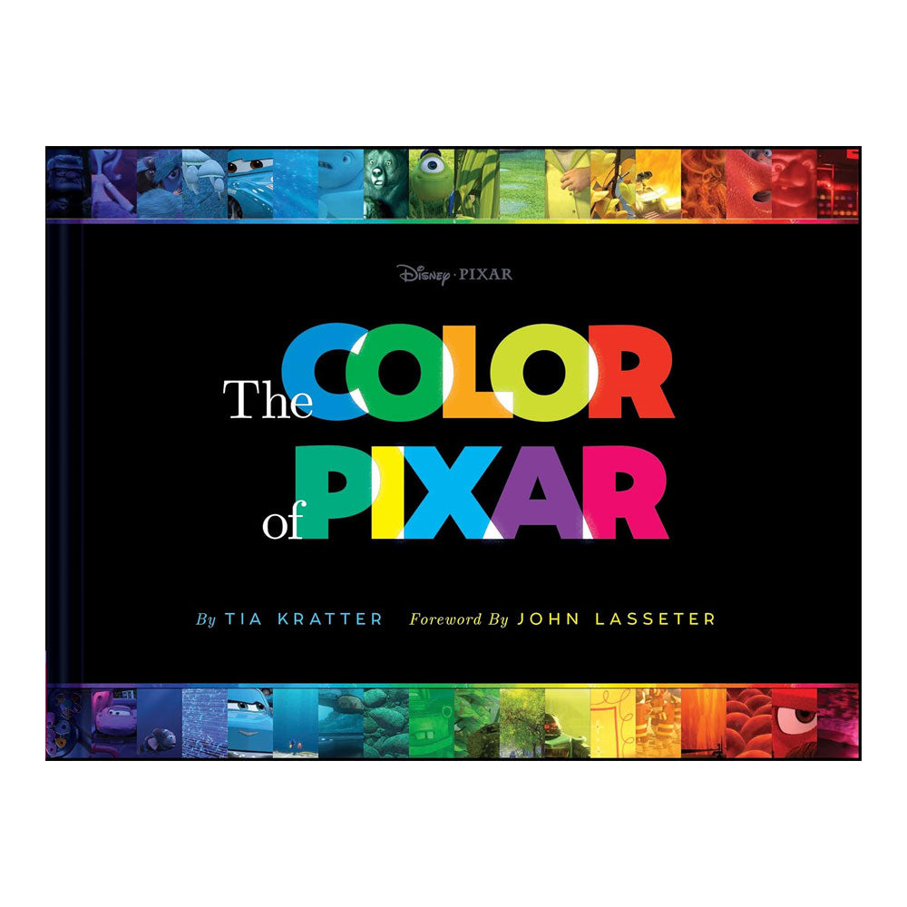Book titled 'The Color Pixar' with colorful text and Pixar-themed images on a black background