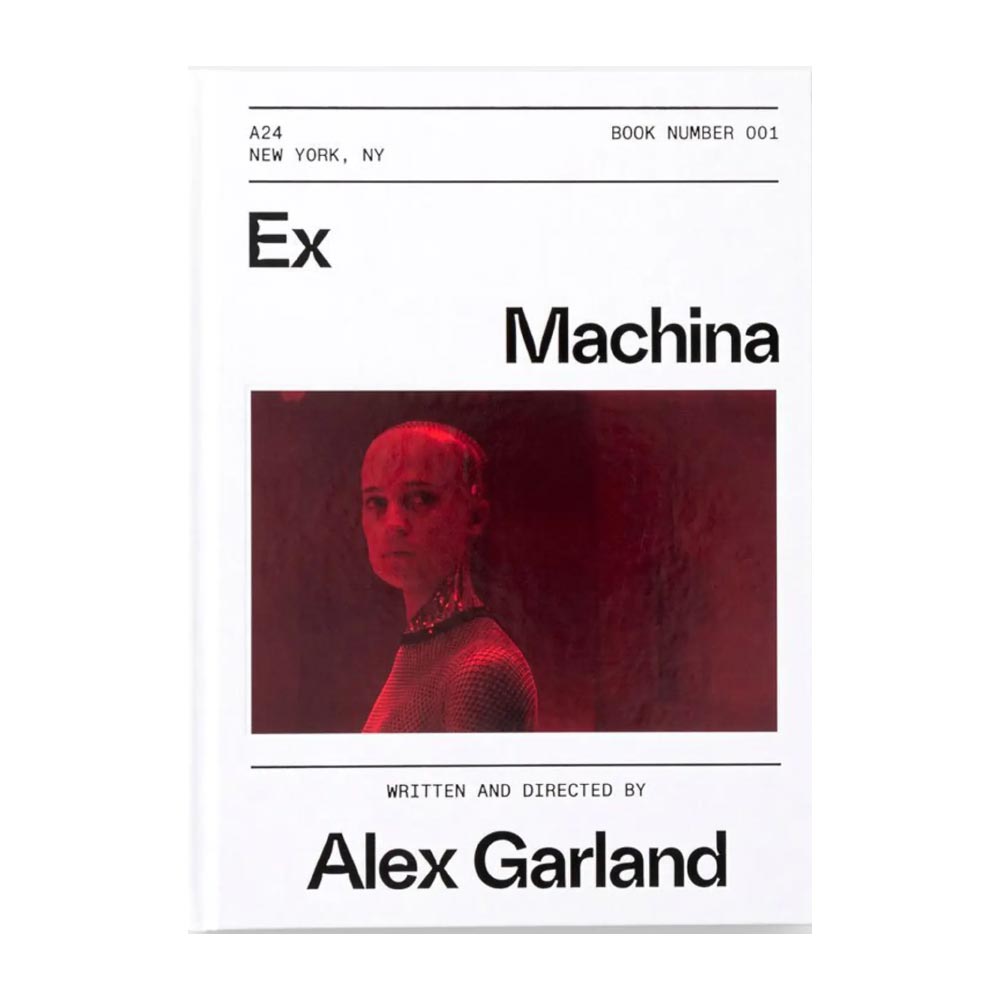 Book cover of sceenplay for movie  'Ex Machina' with a red-themed image and text