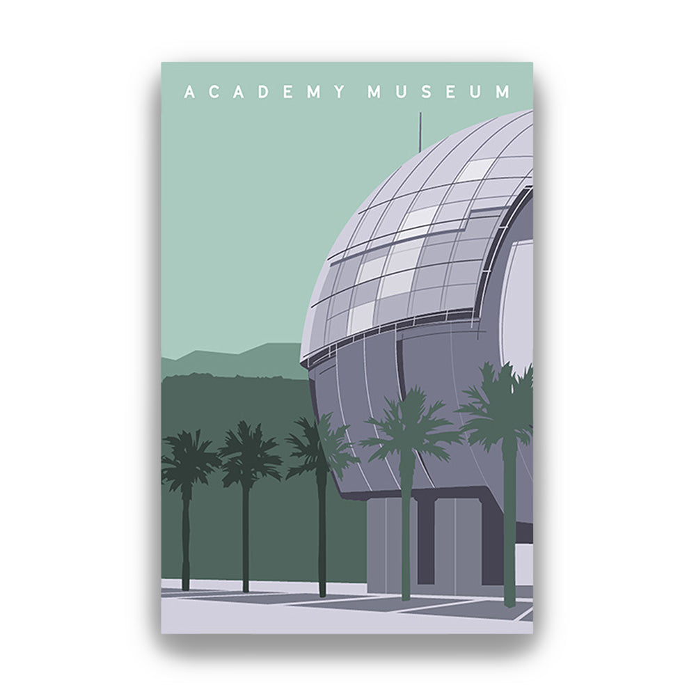 Poster of Academy Museum with a dome building and palm trees on a light green background