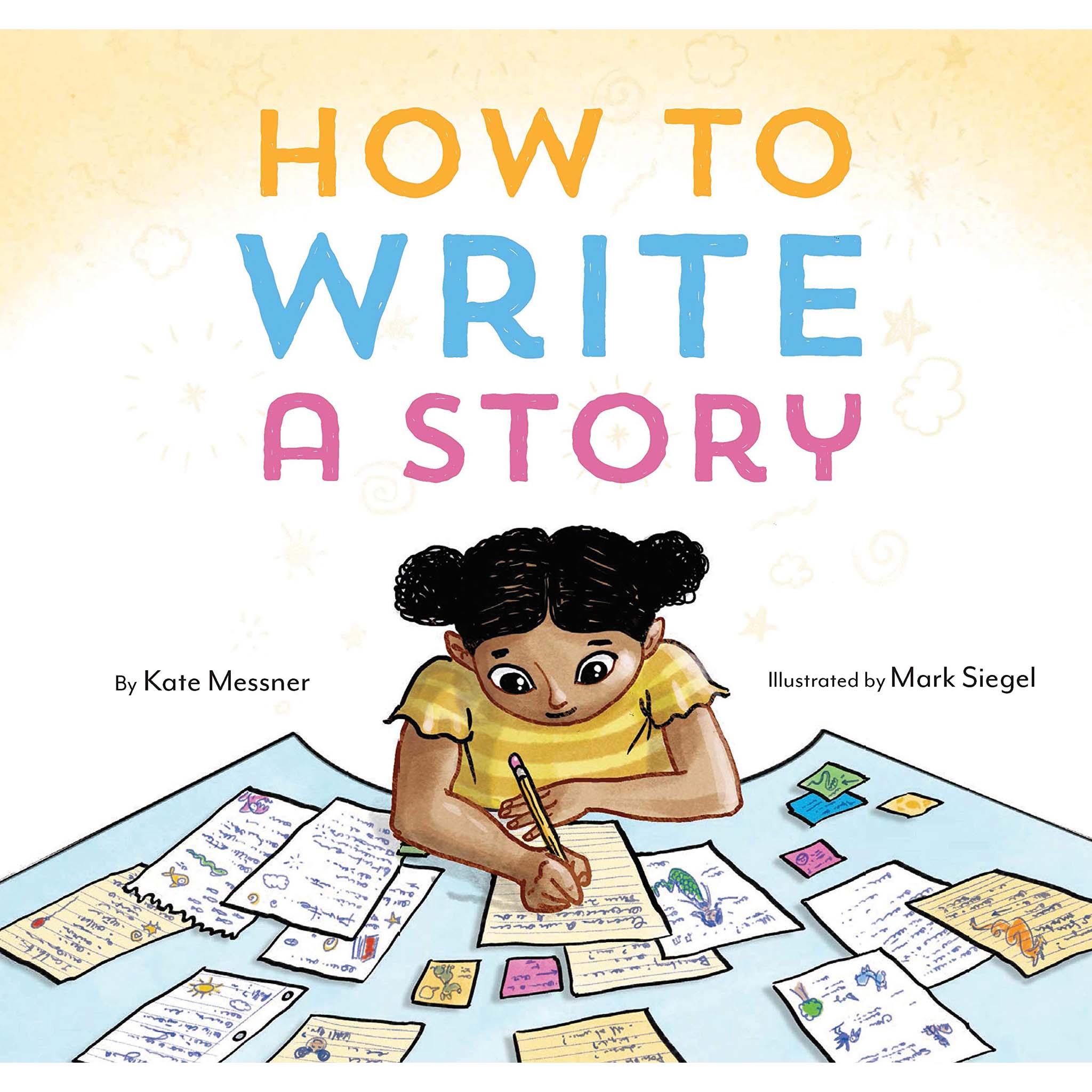 Book cover of 'How to Write a Story' with an illustration of a girl writing at a table.