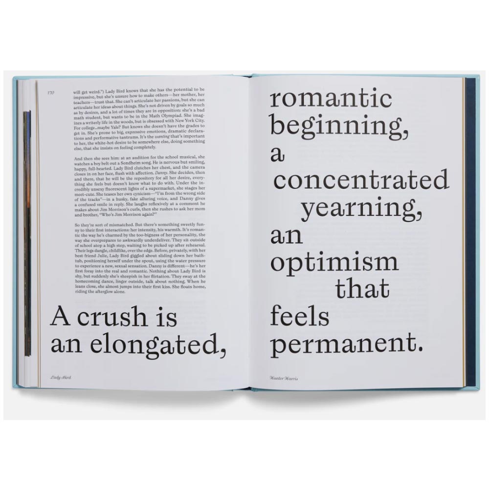 Open book with text about romantic beginnings and crushes on a white background
