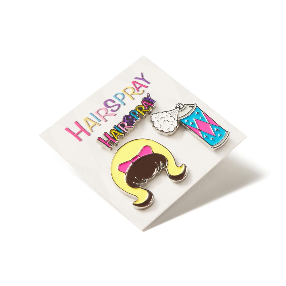 Set of 'Hairspray' themed pins on a card with colorful text. inspired by the John Waters movie HAIRSPRAY (1988)