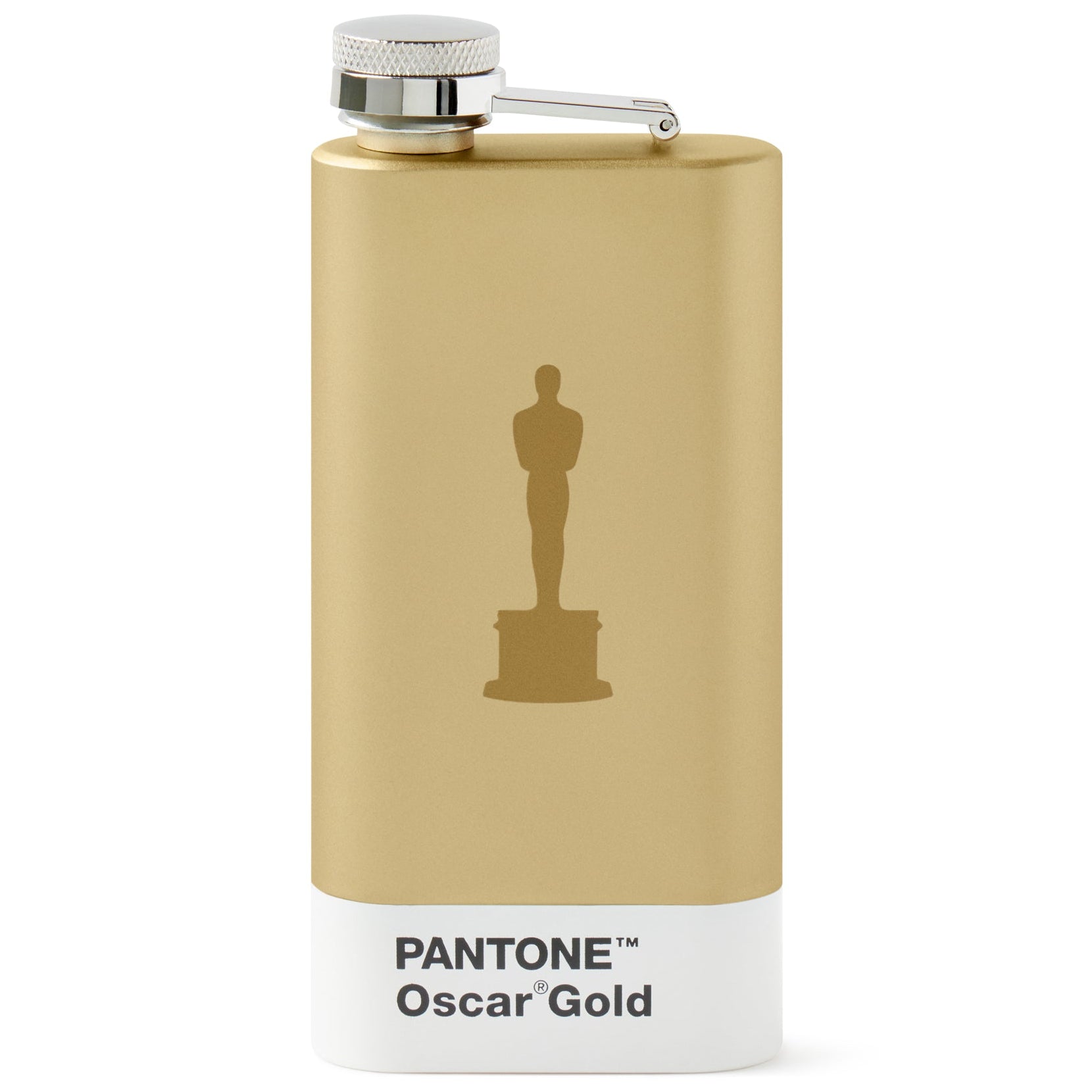Gold flask with Pantone Oscar Gold label and silhouette of an Oscar statue on a white background