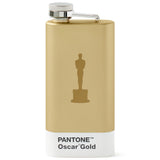 Gold flask with Pantone Oscar Gold label and silhouette of an Oscar statue on a white background