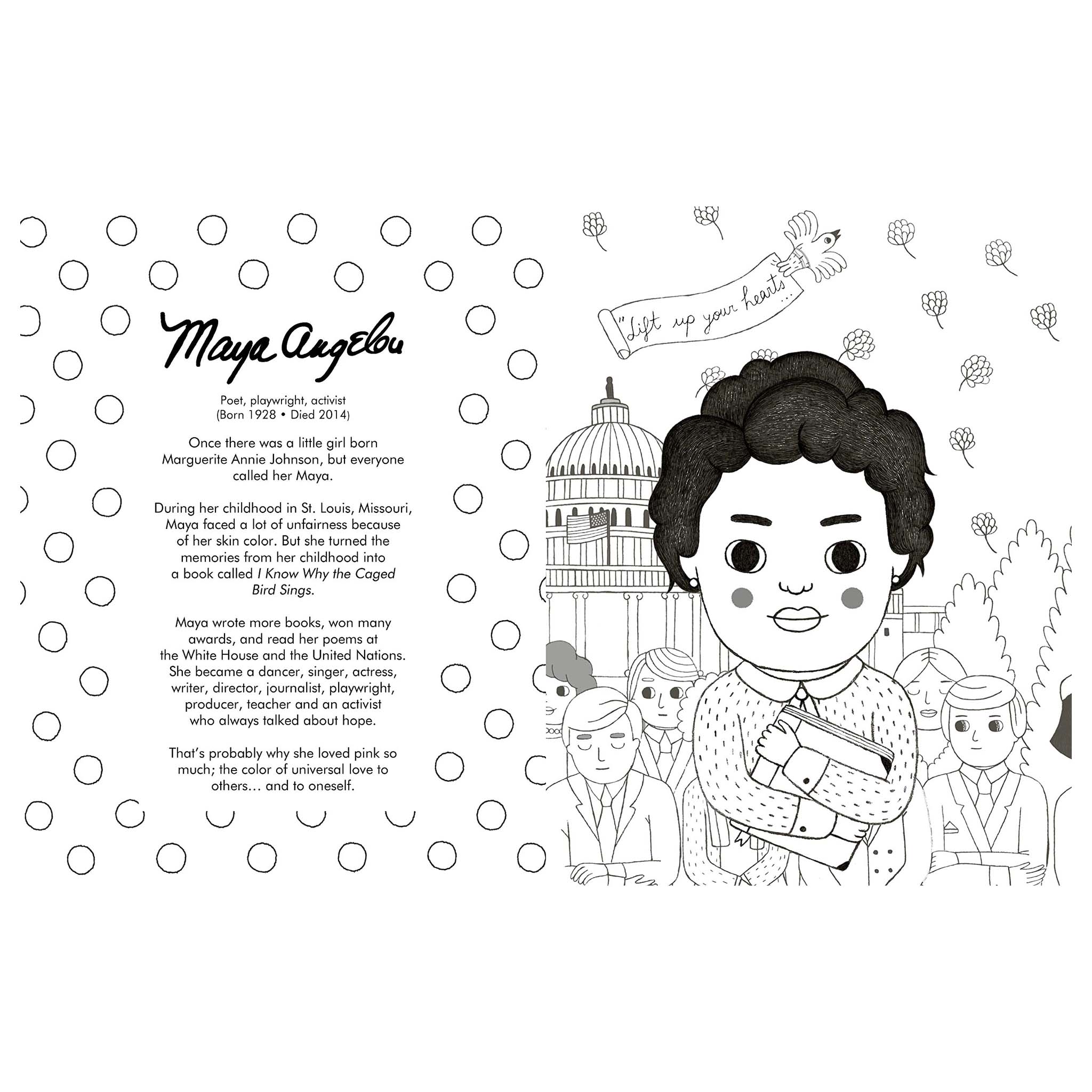 Black and white illustration of Maya Angelou with text and symbols on a white background